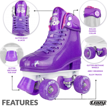 CRAZY Glitter Purple POP Adjustable Size J12-2 OR 3-6 Roller Skates