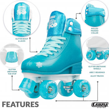 CRAZY Glitter Teal POP Adjustable Size J12-2 OR 3-6 Roller Skates